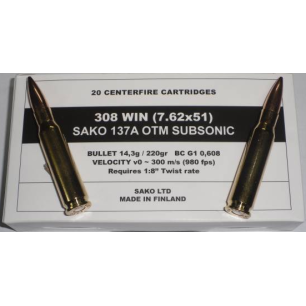 CARTOUCHES SAKO MILITAIRE .308WIN 7.62X51 220GR SUBS 137AW OTM BTE20