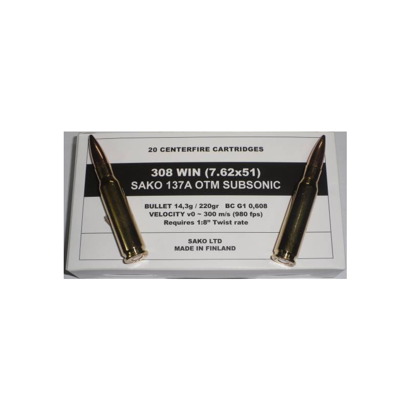 CARTOUCHES SAKO MILITAIRE .308WIN 7.62X51 220GR SUBS 137AW OTM BTE20