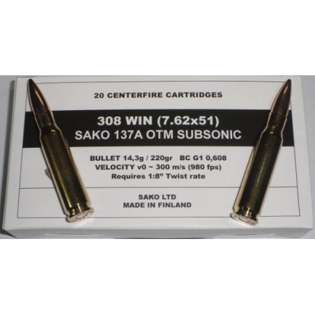CARTOUCHES SAKO MILITAIRE .308WIN 7.62X51 220GR SUBS 137AW OTM BTE20