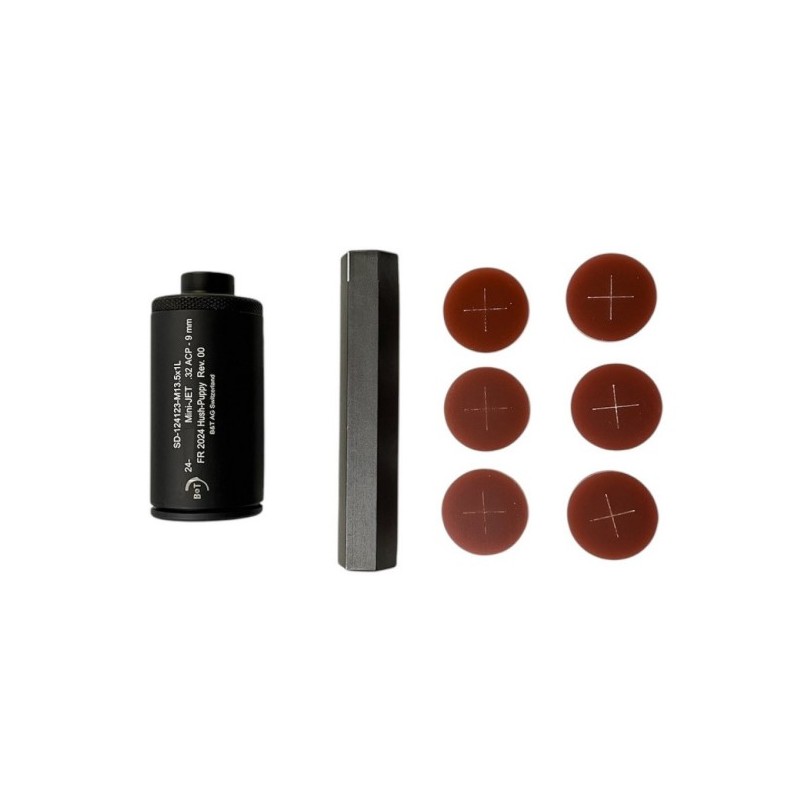 B&T SILENCIEUX MINI JET (HUSH-PUPPY) .32 ACP - 9X19 - 13.5X1 LH AVEC OUTIL DE DÉMONTAGE ET 6 CLAPETS DE RECHANGE